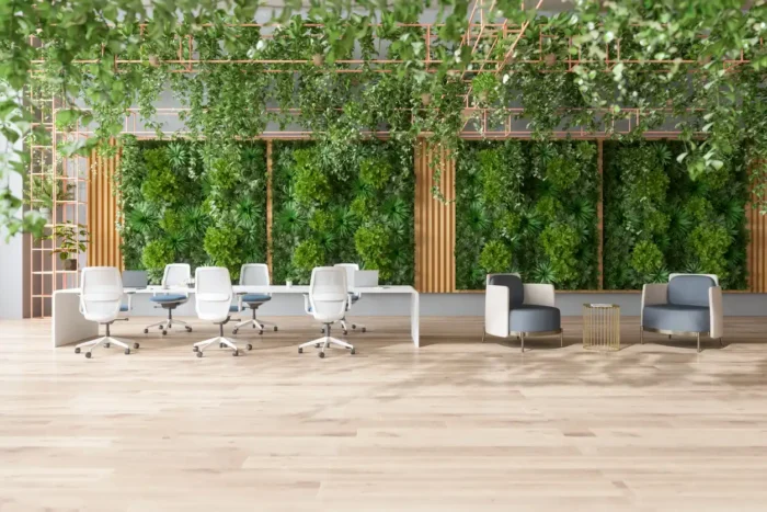 Greenery in modern office space with empty chairs.